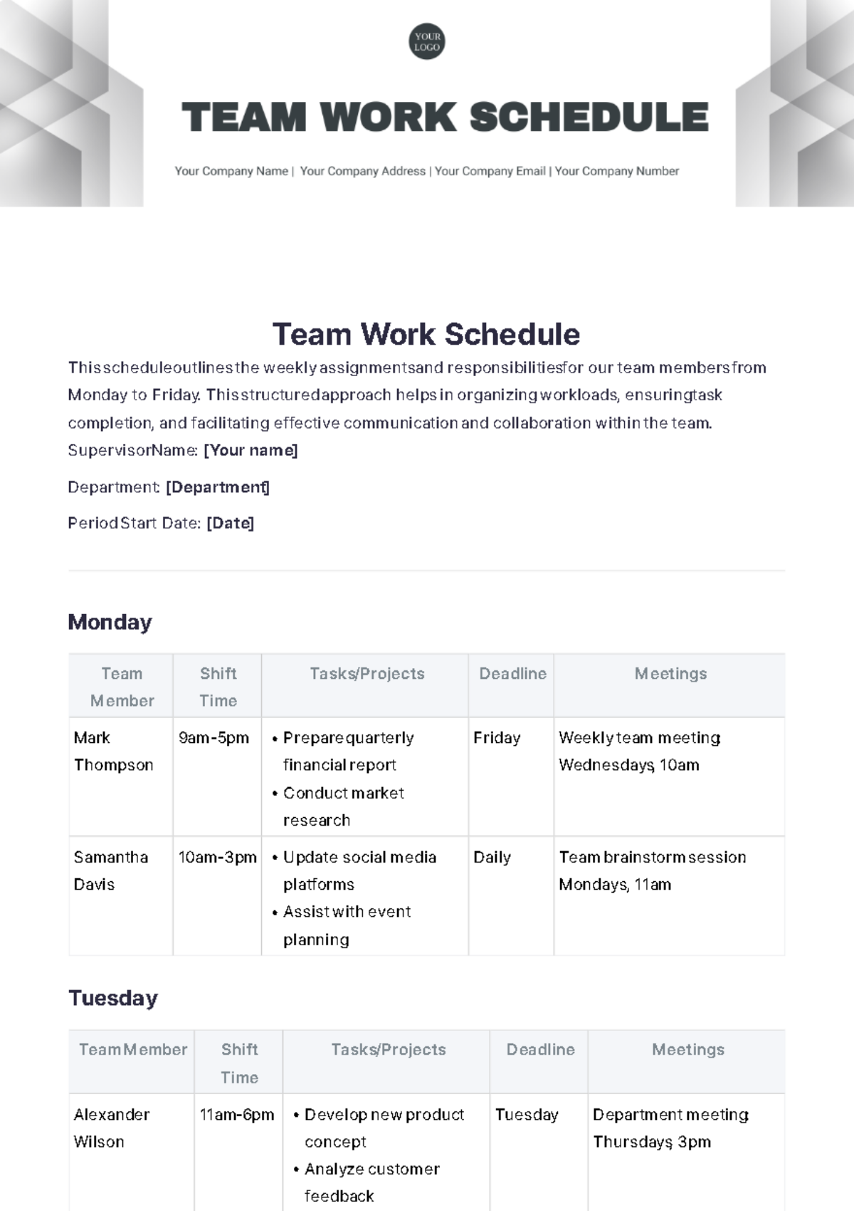 Team Work Schedule Template - Edit Online & Download