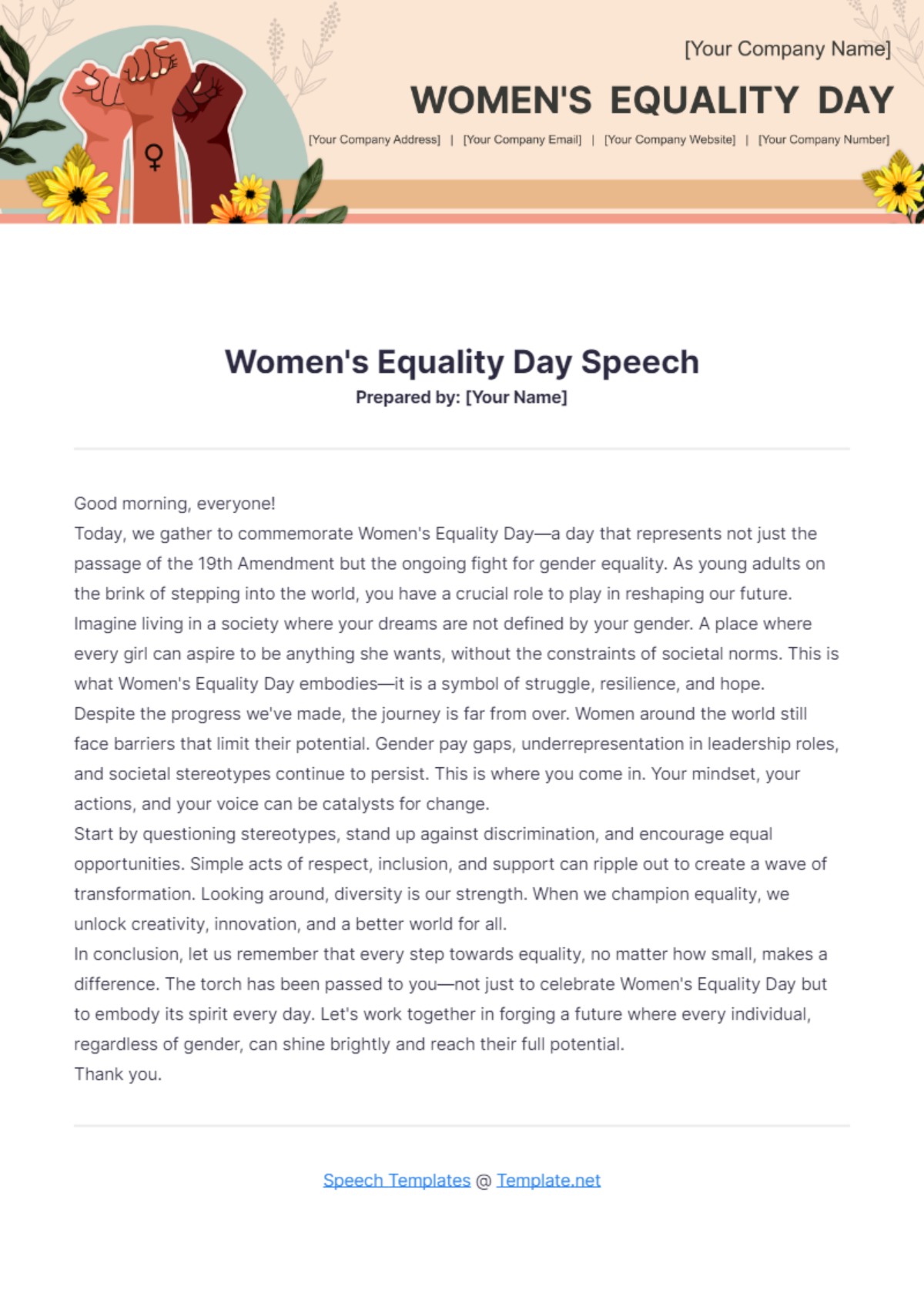 Womens Equality Day Speech Template - Edit Online & Download