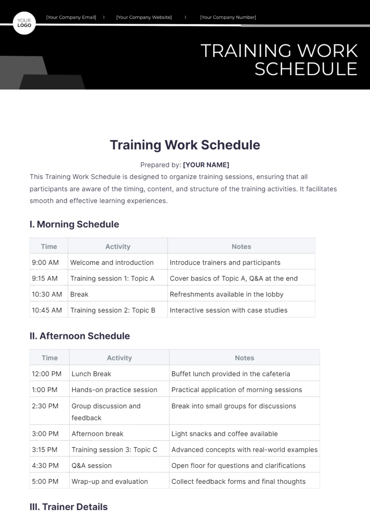 Training Work Schedule Template - Edit Online & Download