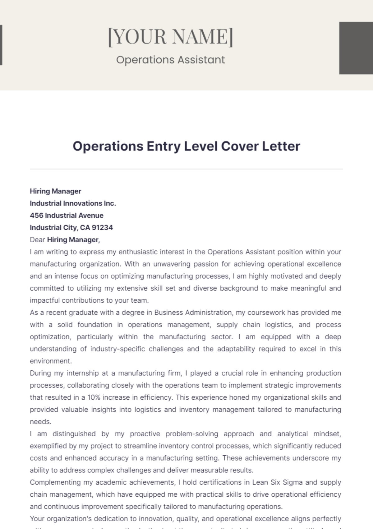 Operations Entry Level Cover Letter - Edit Online & Download