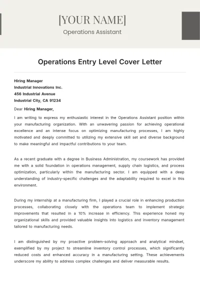 Free Operations Entry Level Cover Letter to Edit Online