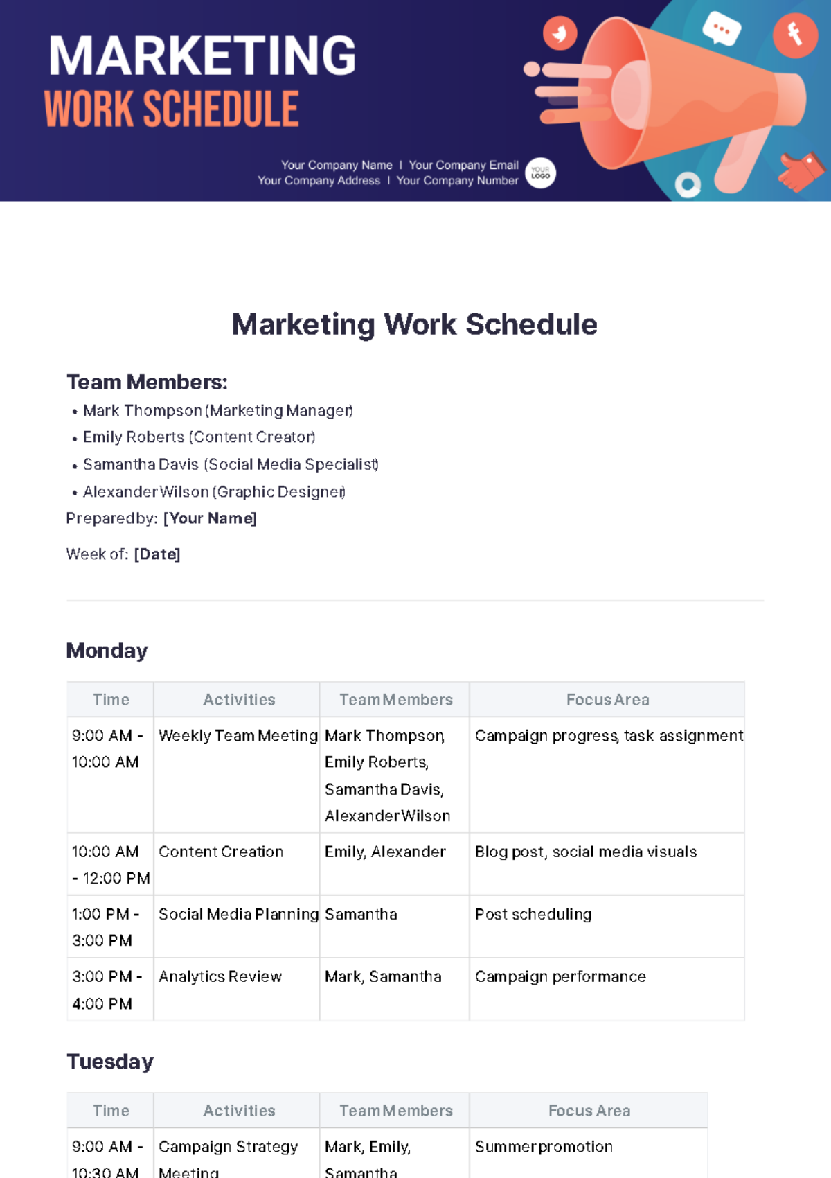 Marketing Work Schedule Template - Edit Online & Download