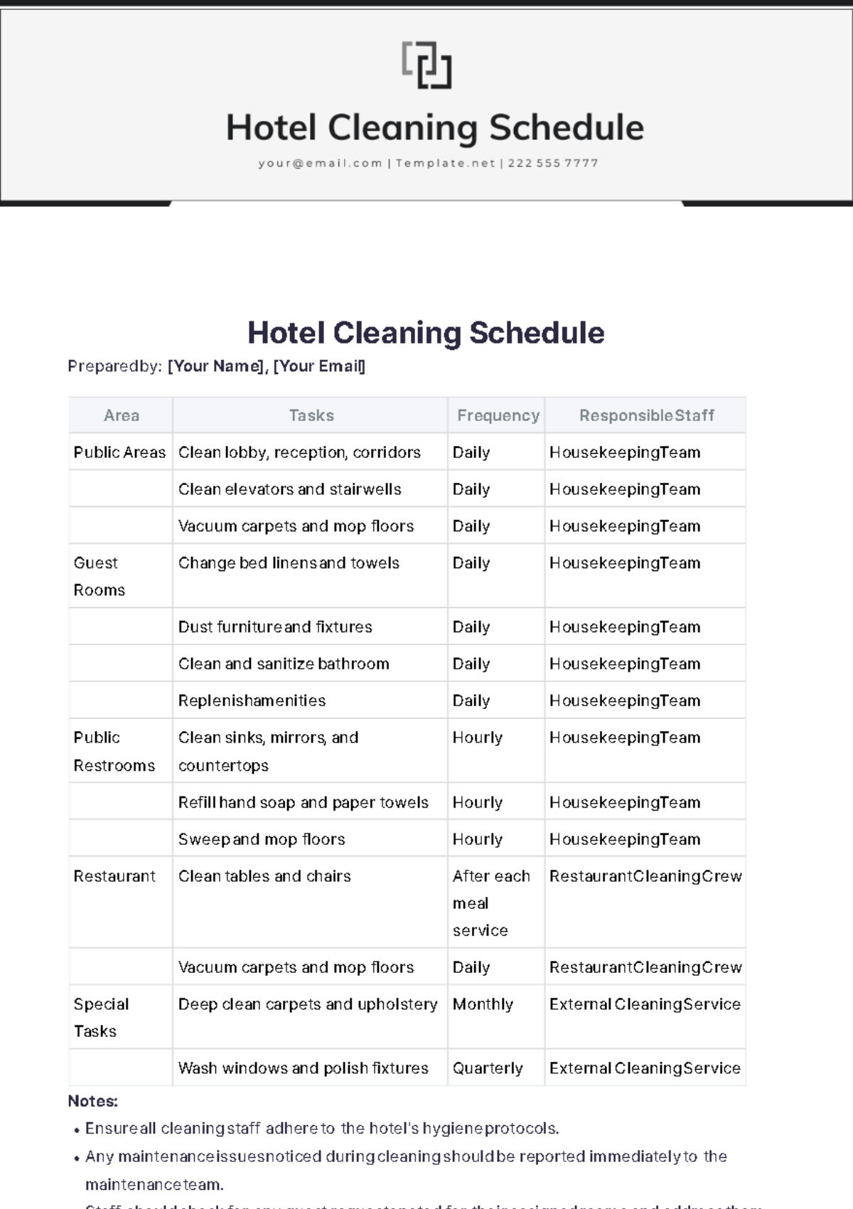 Hotel Cleaning Schedule Template - Edit Online & Download