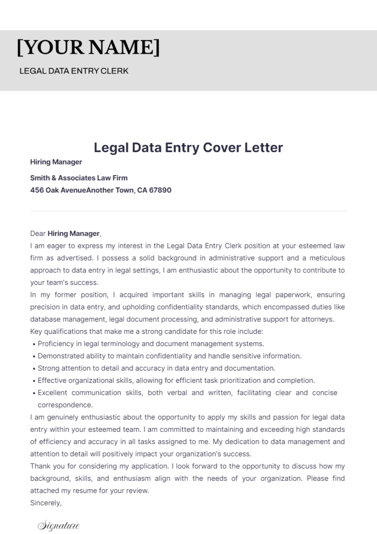 Legal Data Entry Cover Letter - Edit Online & Download