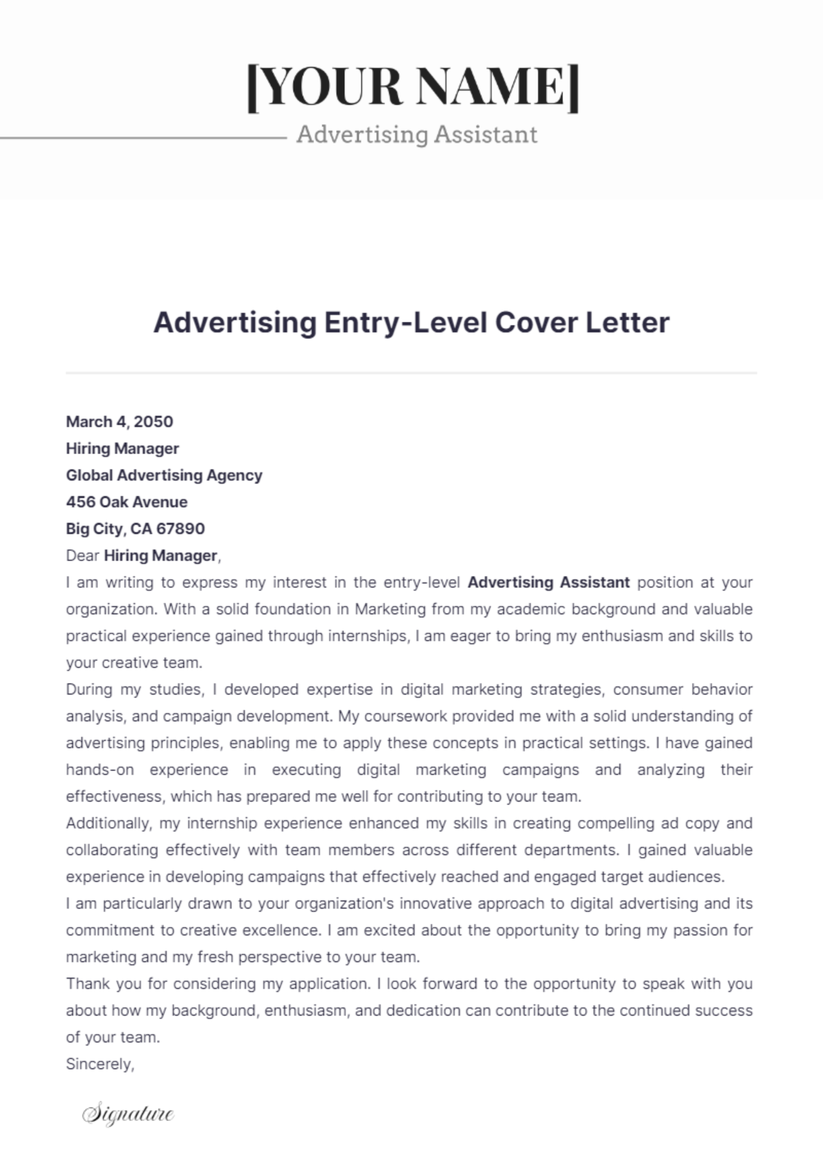 Advertising Entry Level Cover Letter - Edit Online & Download