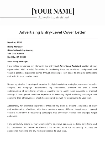 Free Advertising Entry Level Cover Letter to Edit Online