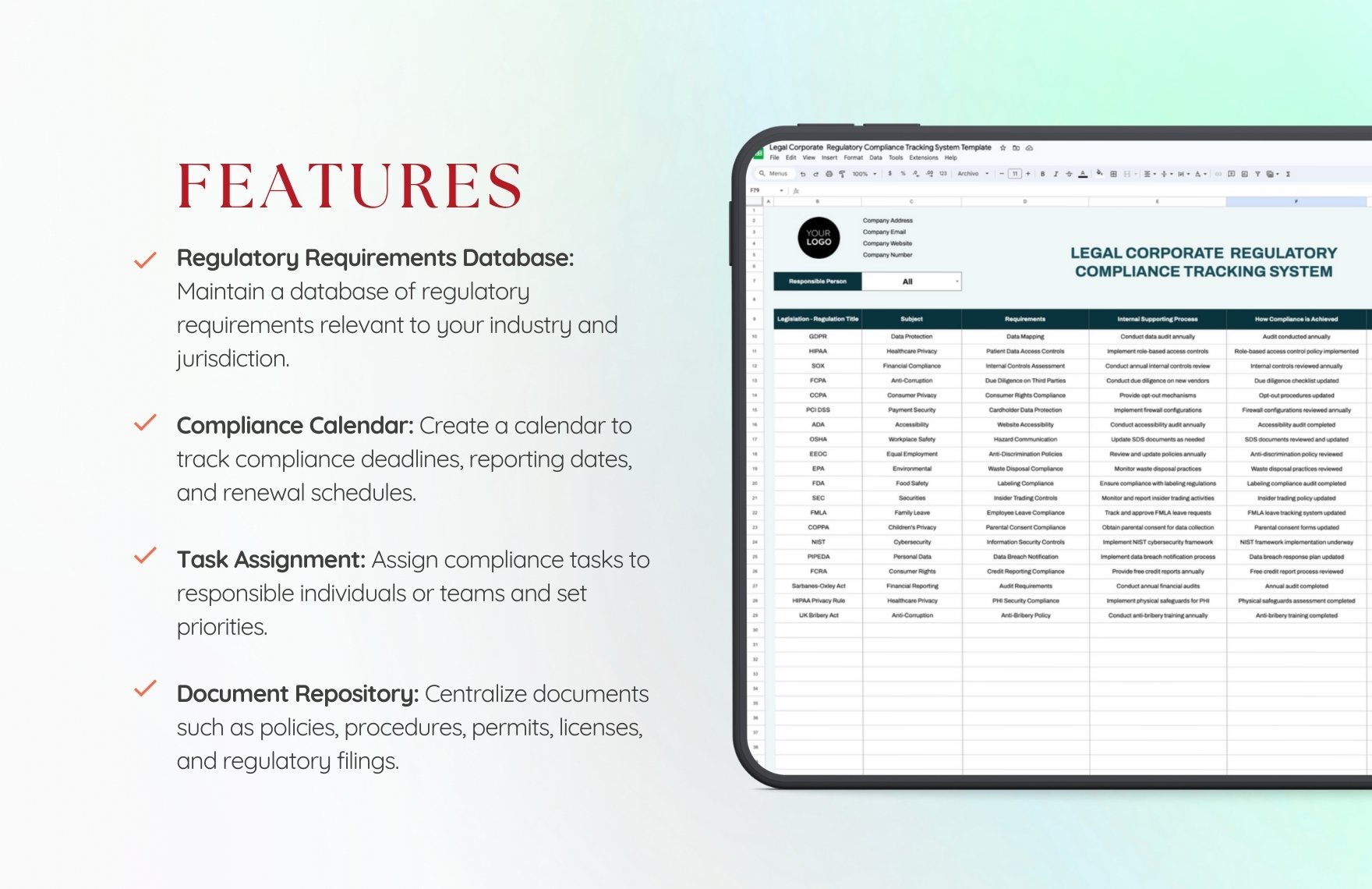 Legal Corporate  Regulatory Compliance Tracking System Template