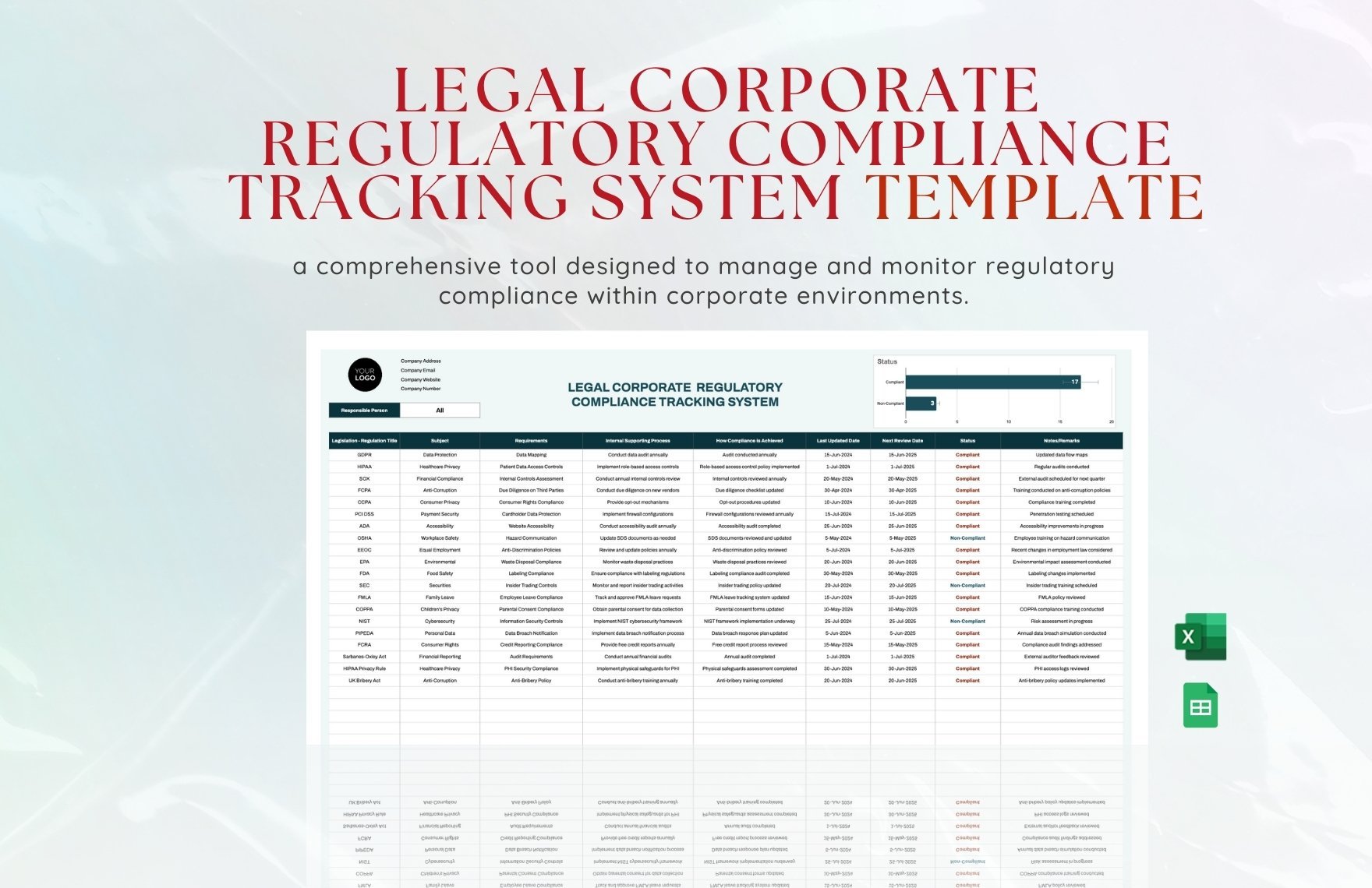 Legal Corporate  Regulatory Compliance Tracking System Template in Excel, Google Sheets