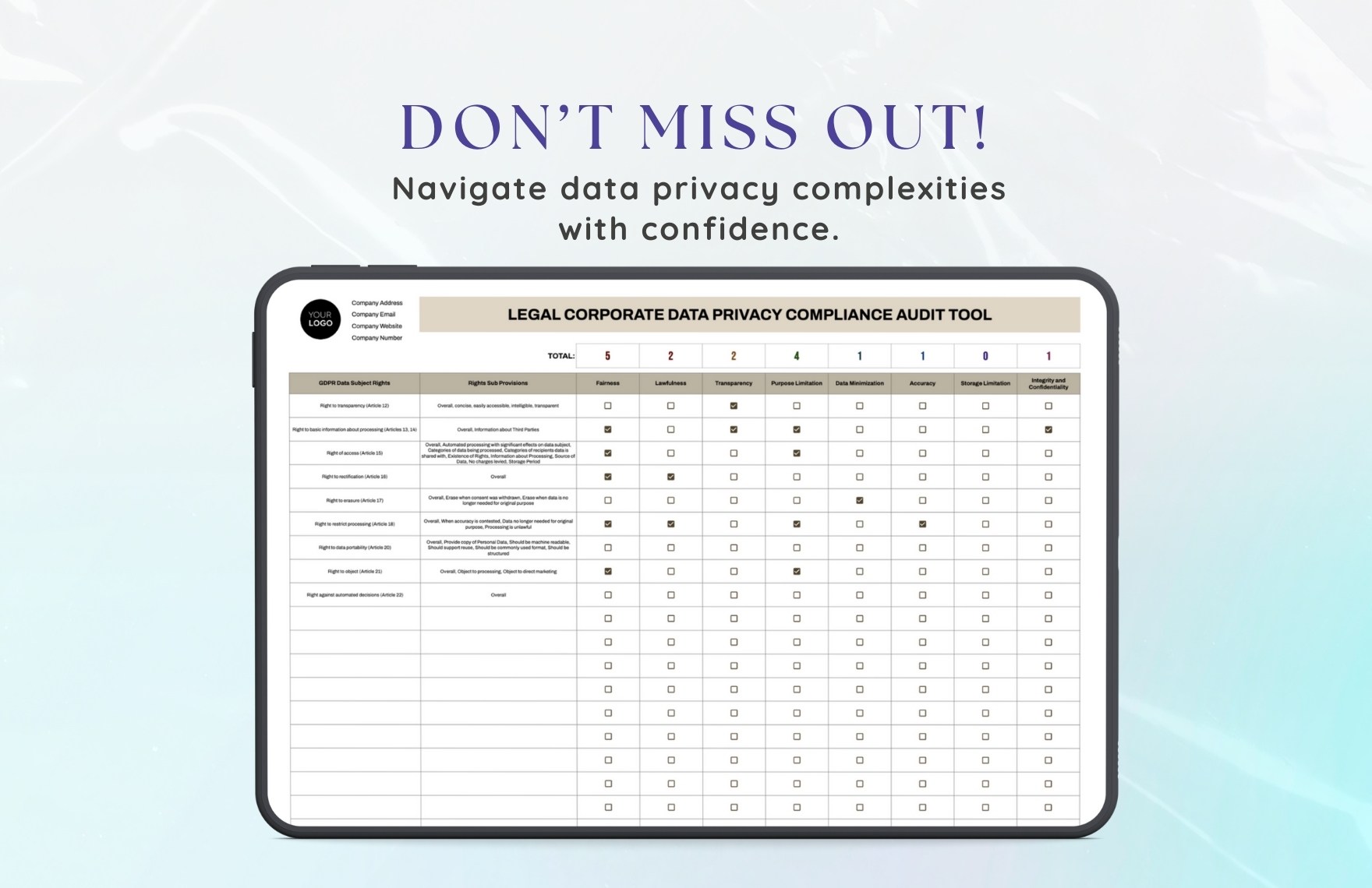 Legal Corporate Data Privacy Compliance Audit Tool Template