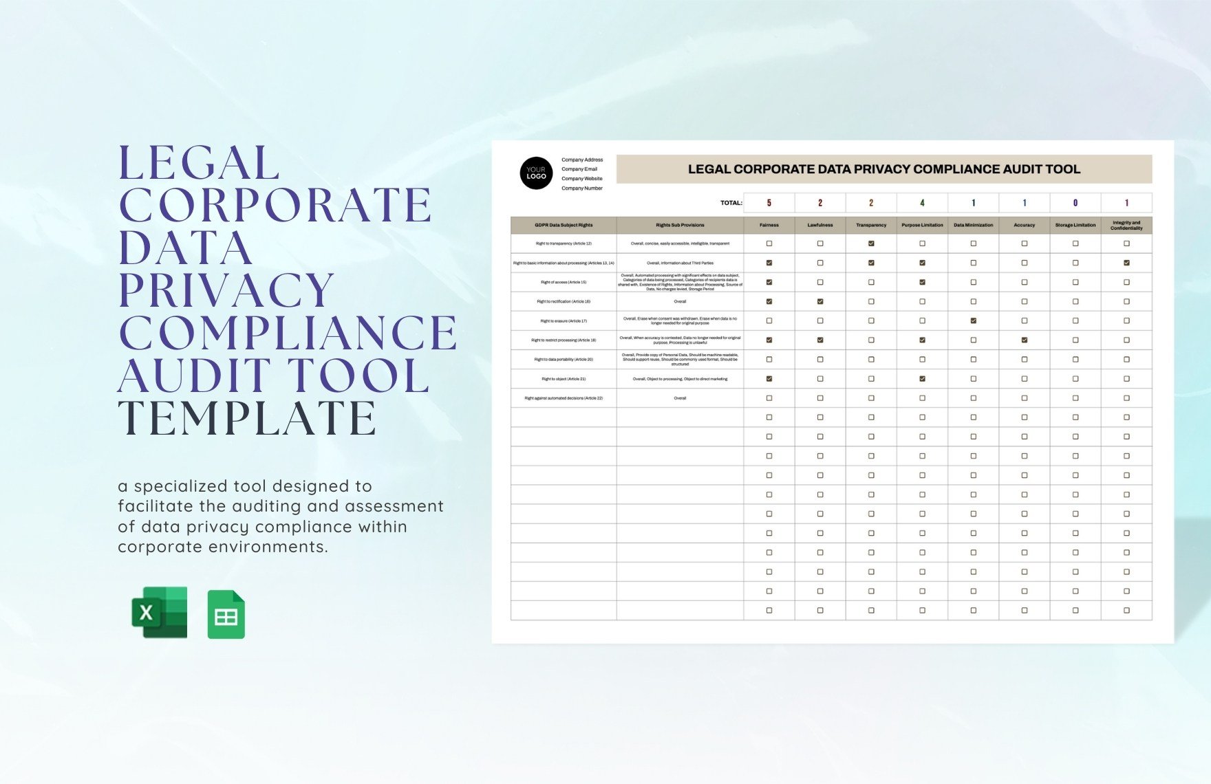 Legal Corporate Data Privacy Compliance Audit Tool Template in Excel, Google Sheets