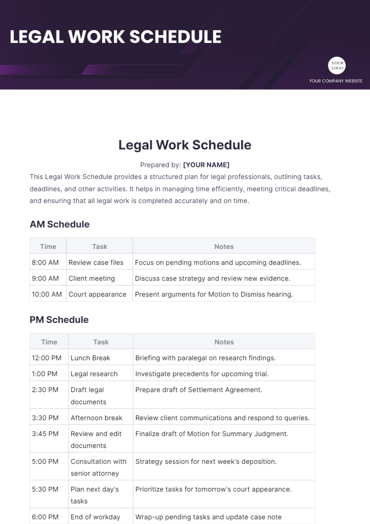 Legal Work Schedule Template - Edit Online & Download