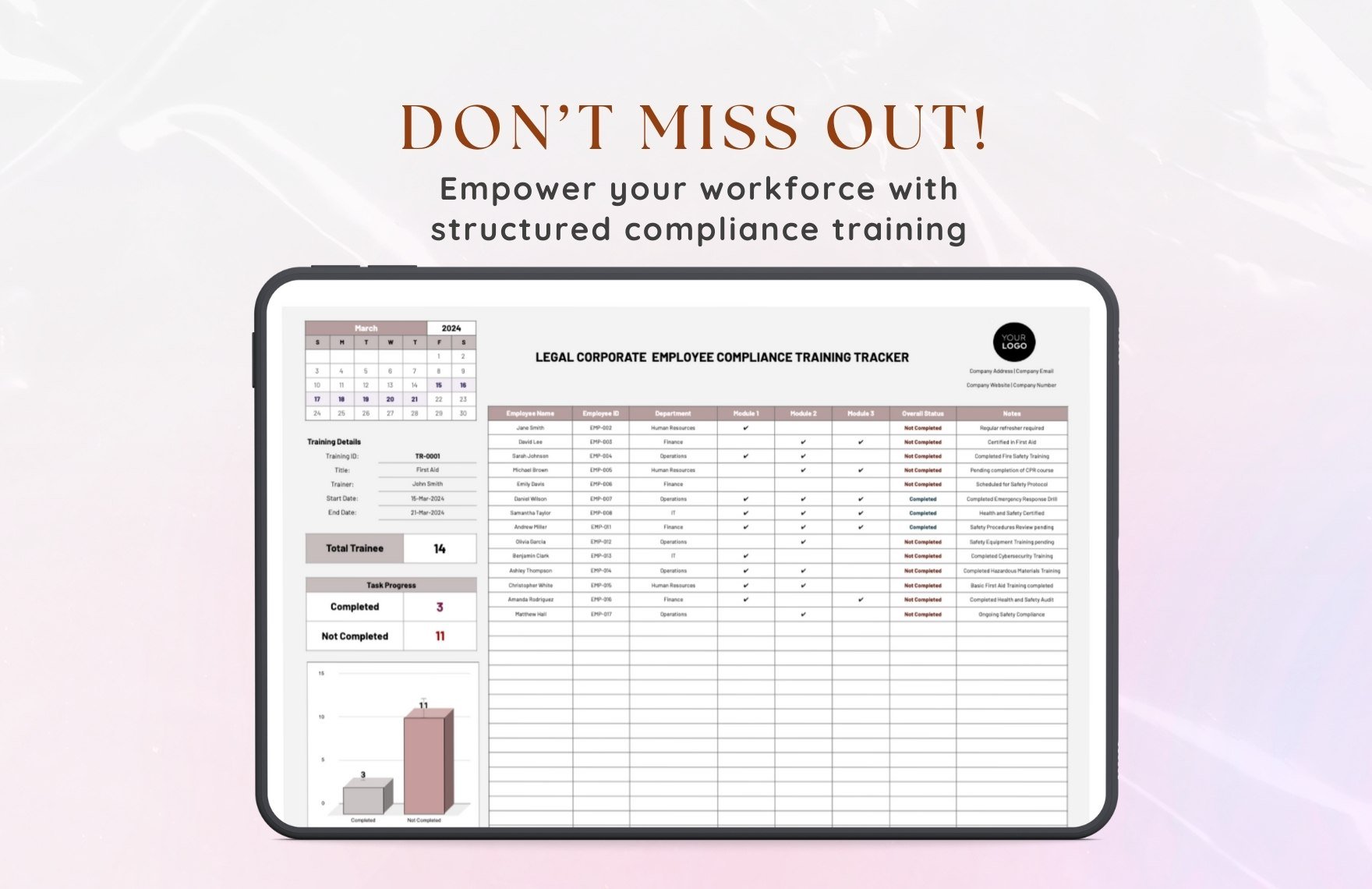 Legal Corporate  Employee Compliance Training Tracker Template