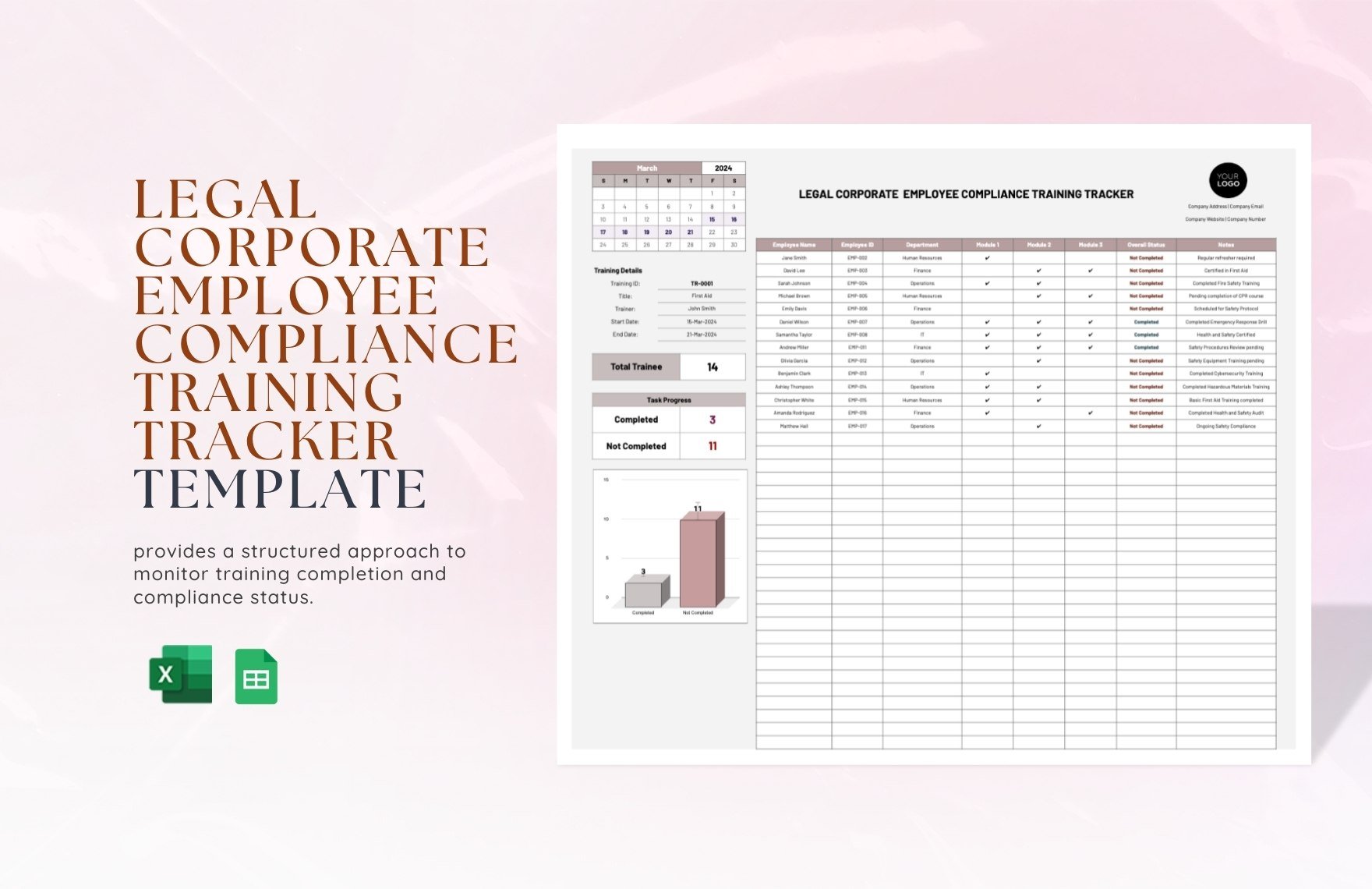 Legal Corporate  Employee Compliance Training Tracker Template in Excel, Google Sheets