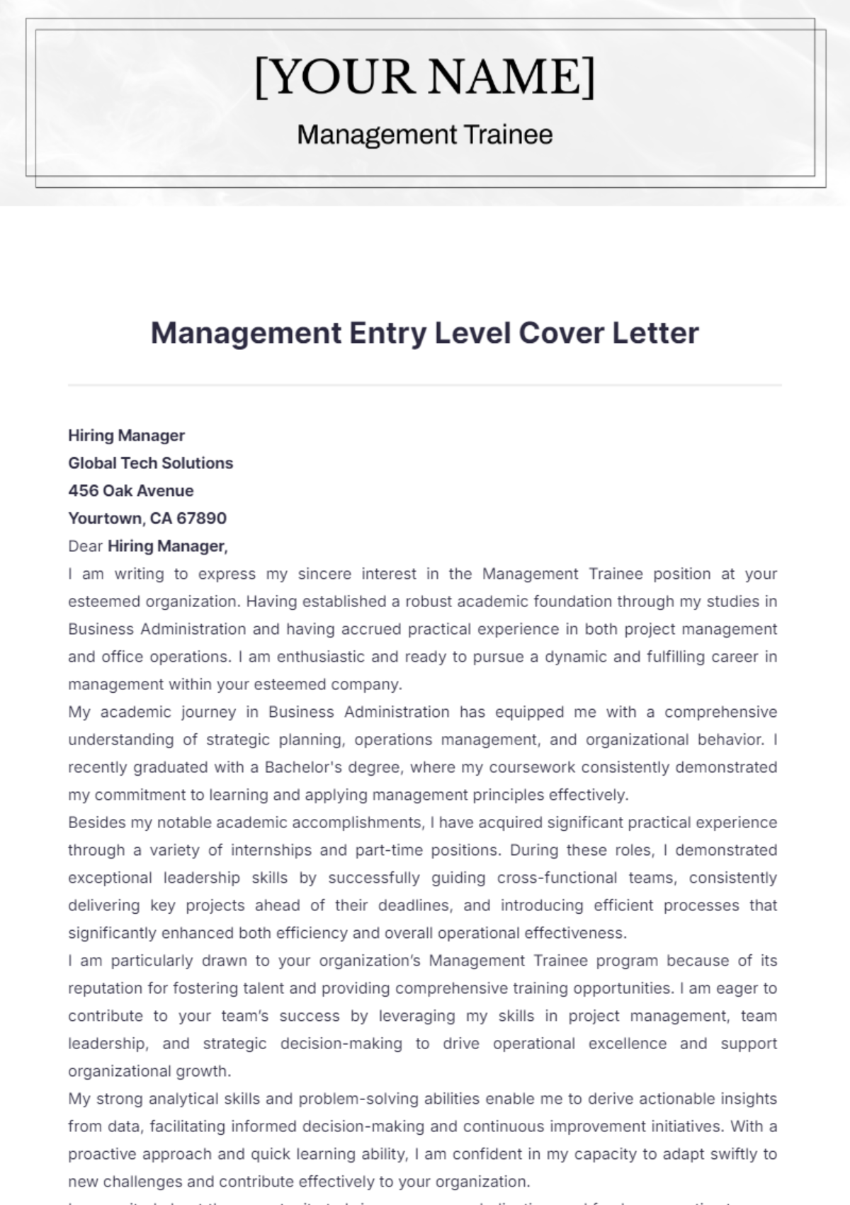 Management Entry Level Cover Letter - Edit Online & Download