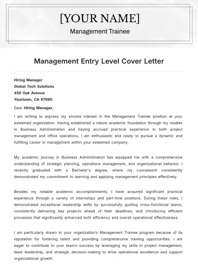 Free Management Entry Level Cover Letter to Edit Online