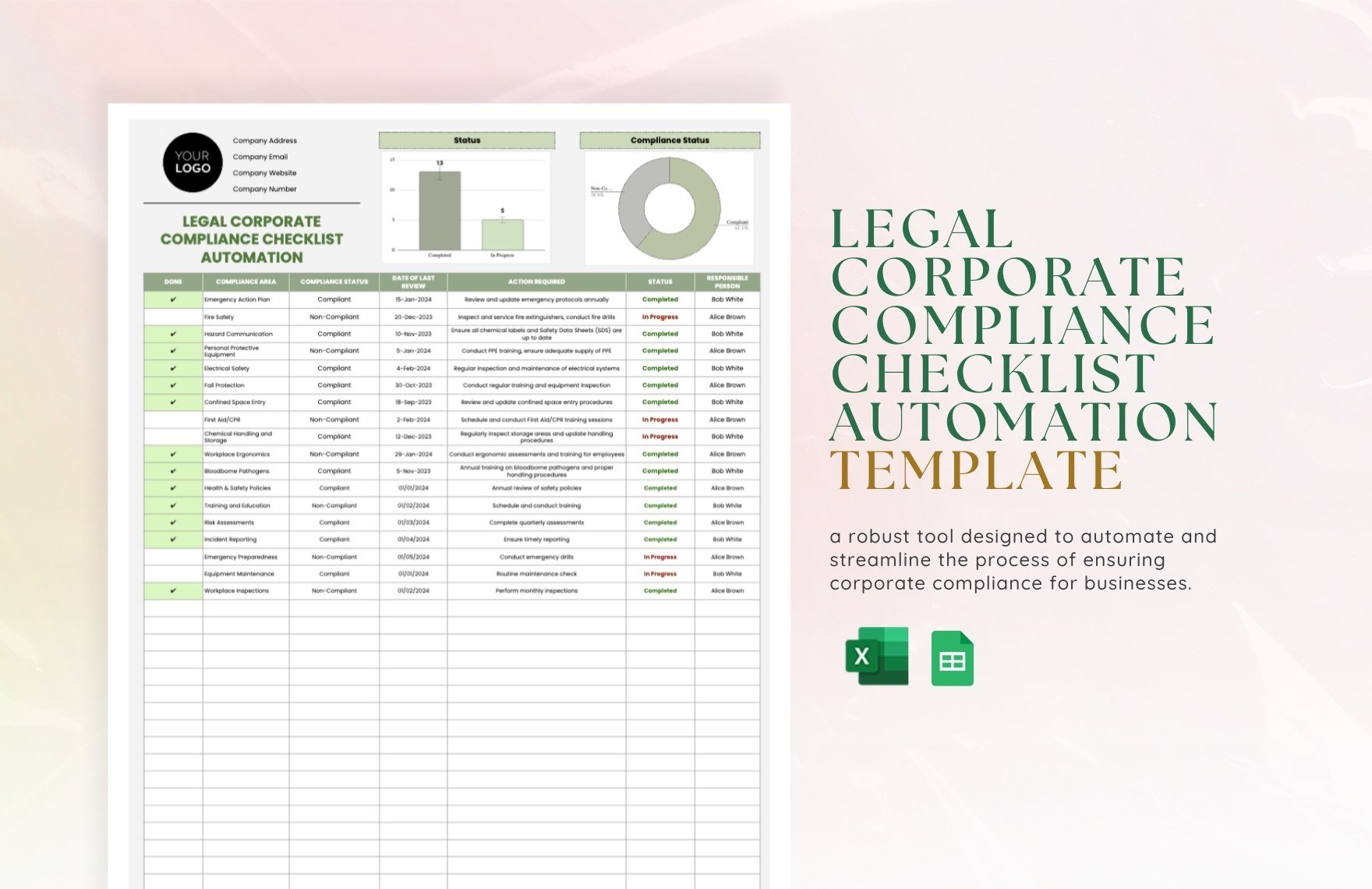 Legal Corporate Compliance Checklist Automation Template in Excel, Google Sheets