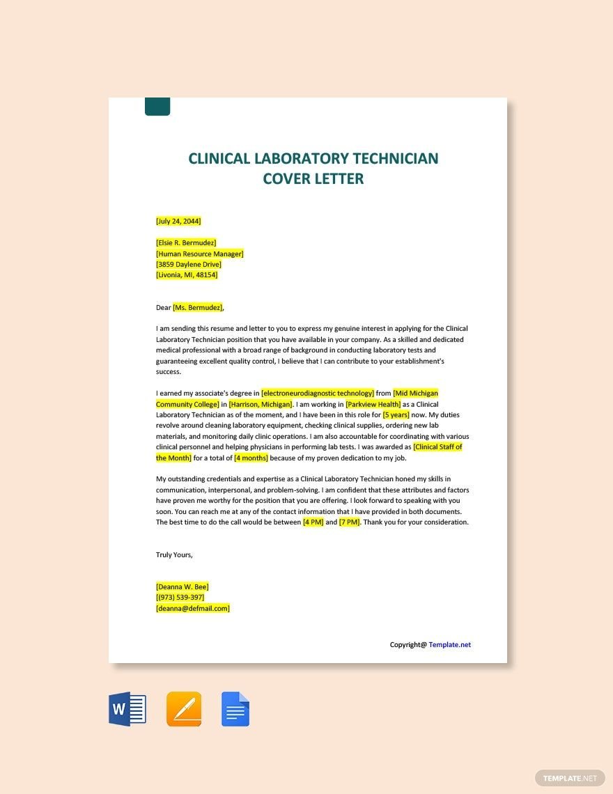 Free Clinical Laboratory Technician Cover Letter Template