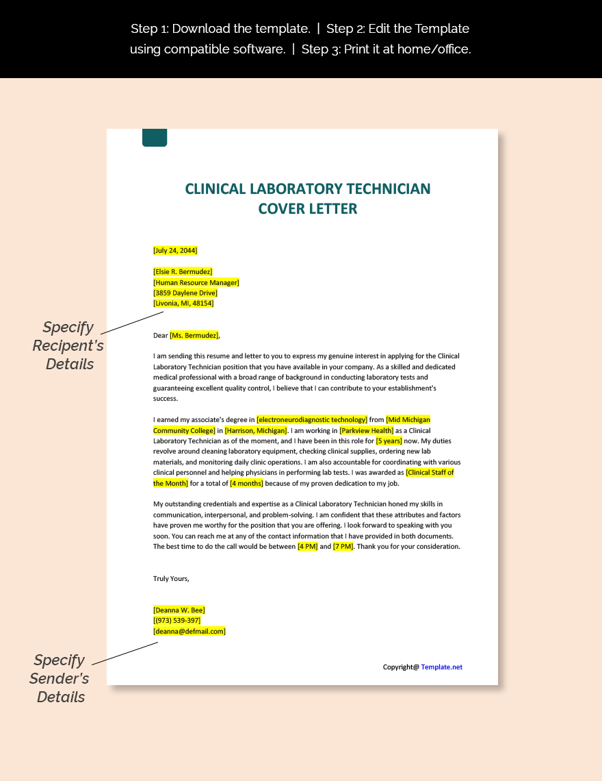 Clinical Laboratory Technician Cover Letter Template