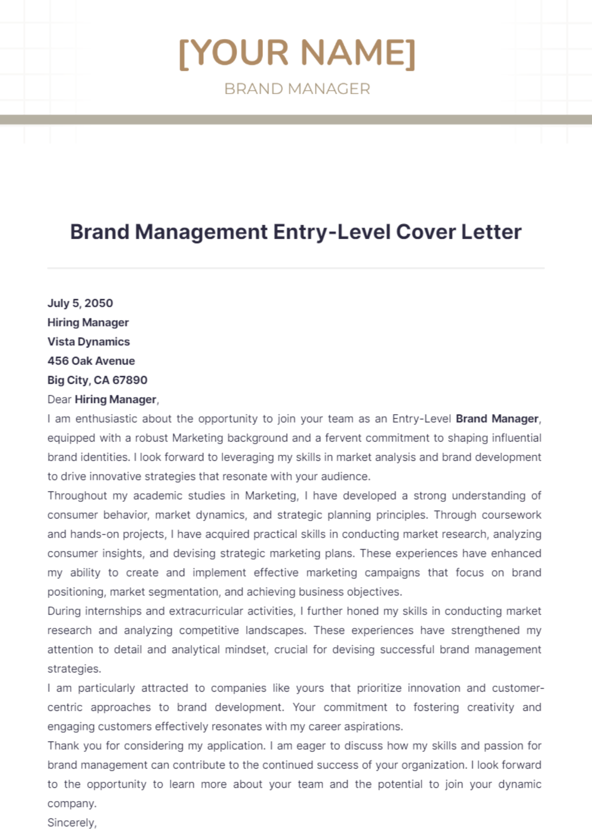 Brand Management Entry Level Cover Letter - Edit Online & Download