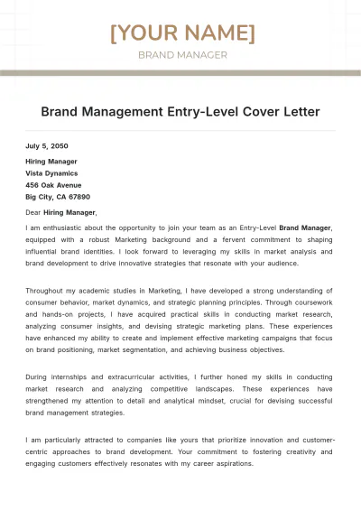 Free Brand Management Entry Level Cover Letter to Edit Online