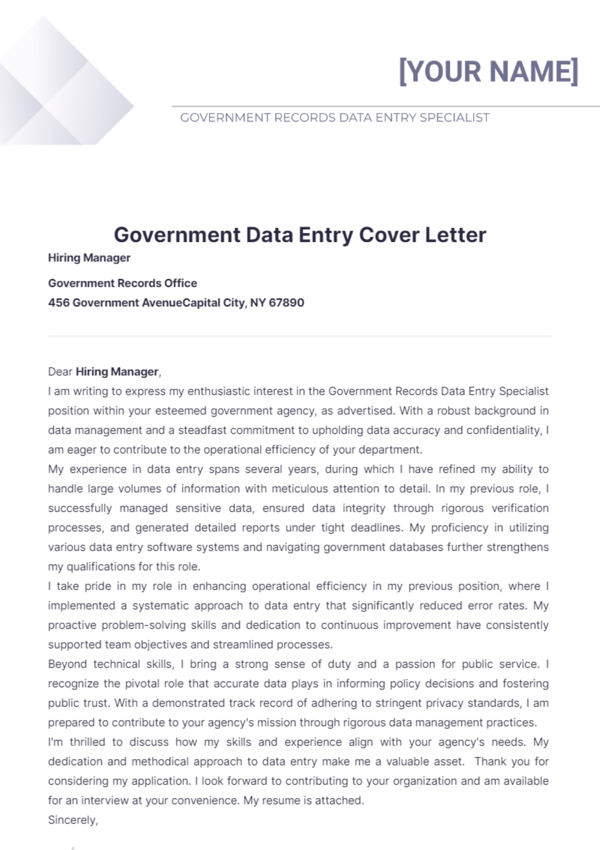 Government Data Entry Cover Letter - Edit Online & Download