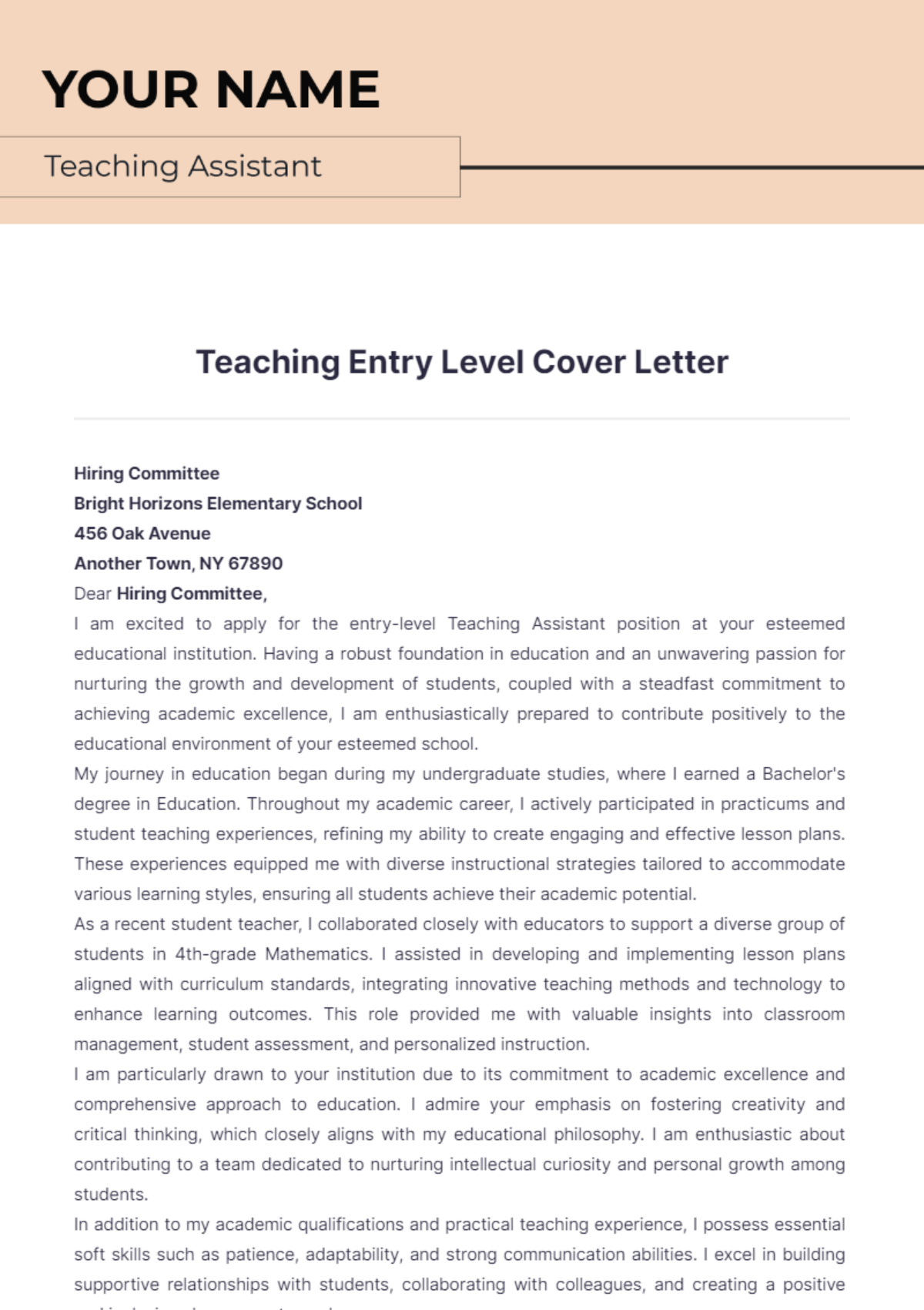 Teaching Entry Level Cover Letter - Edit Online & Download