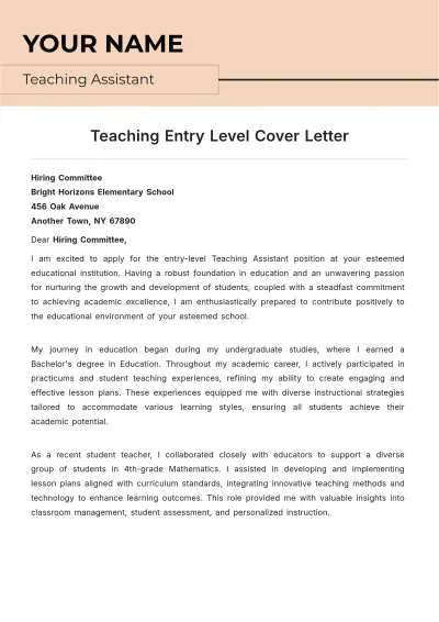 Free Teaching Entry Level Cover Letter to Edit Online
