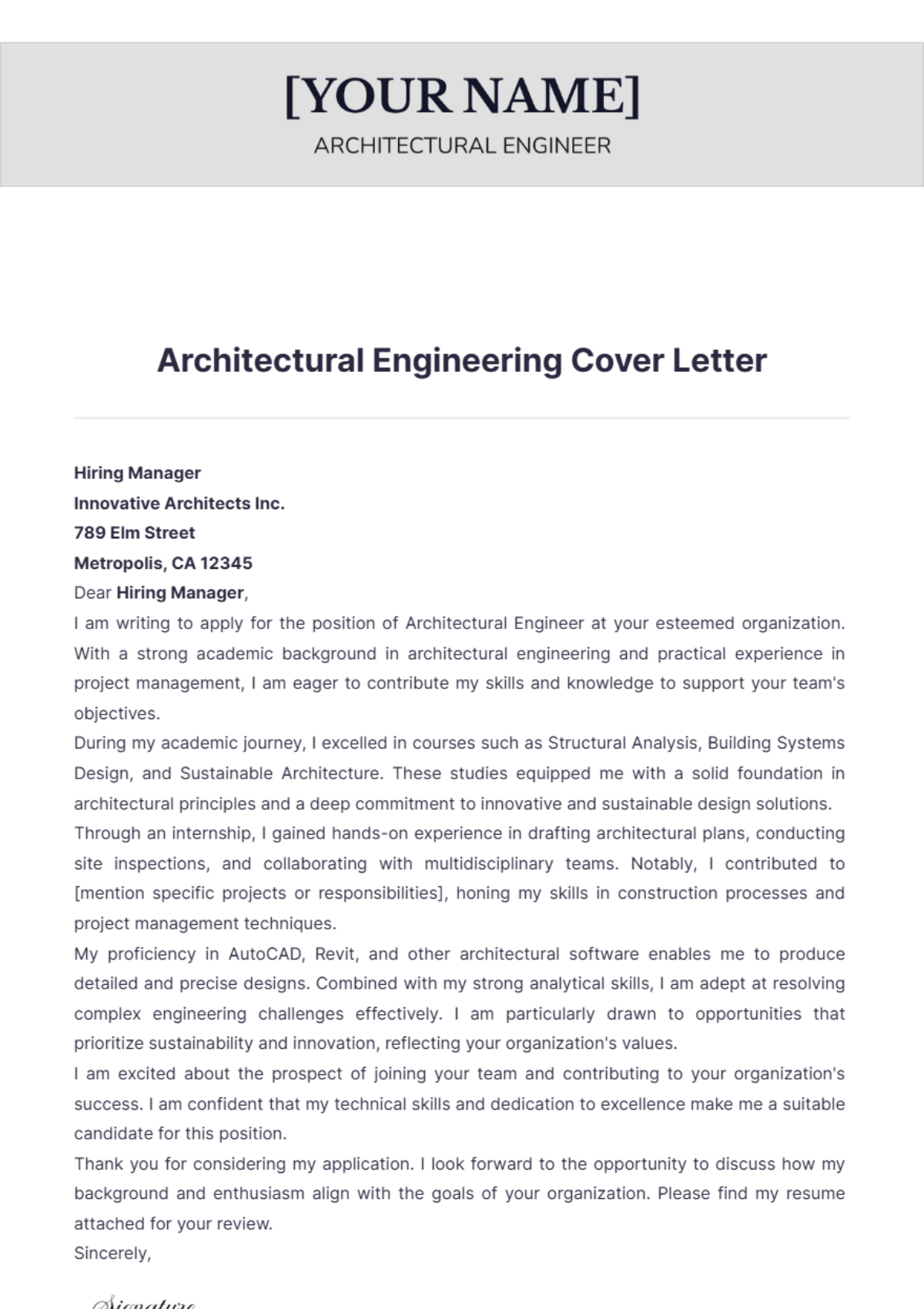 Architectural Engineering Cover Letter - Edit Online & Download