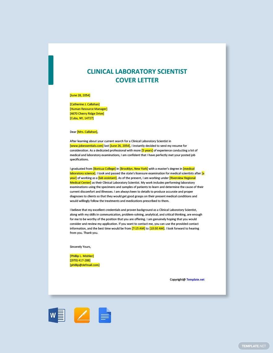Free Clinical Laboratory Scientist Cover Letter Template