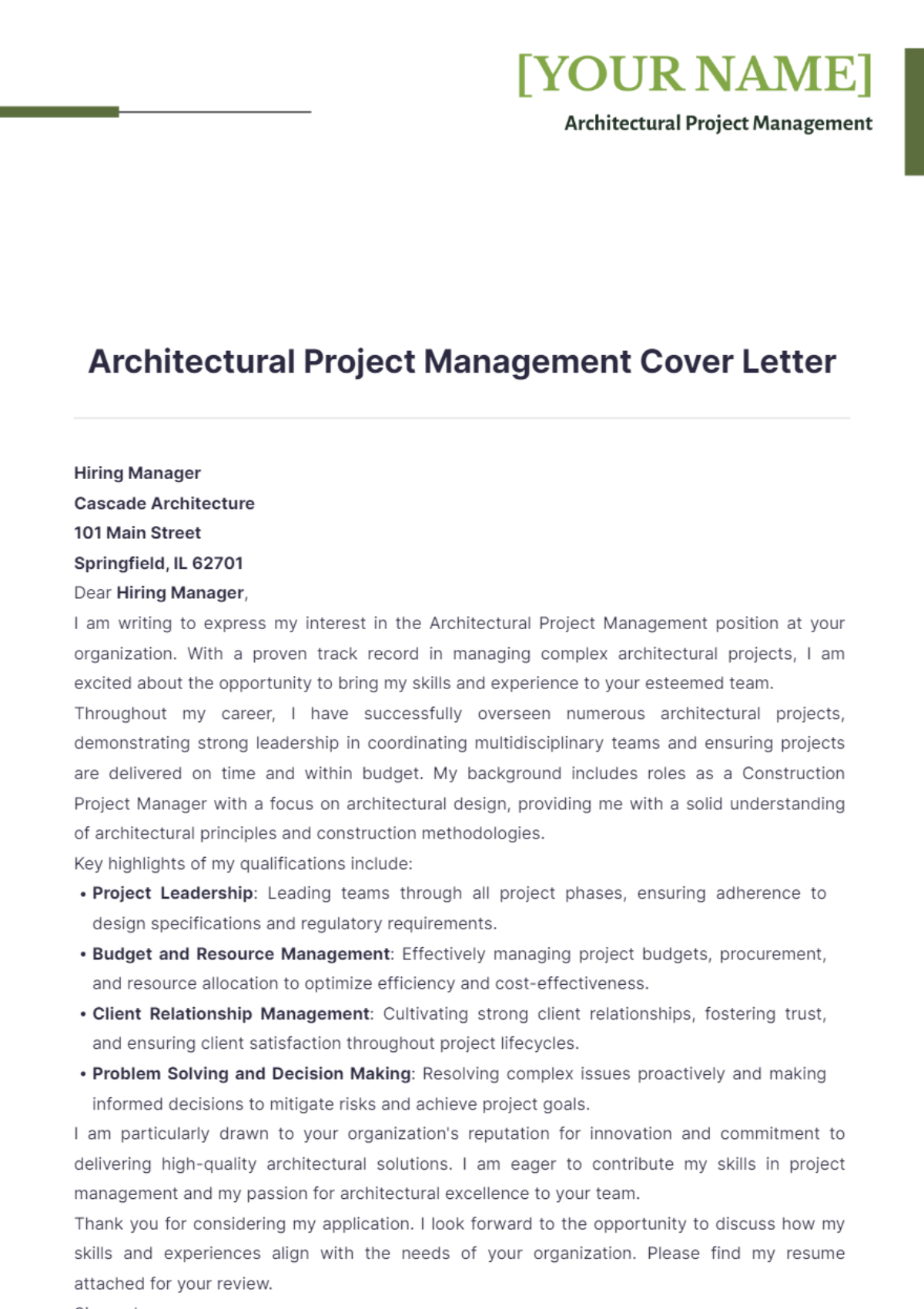 Architectural Project Management Cover Letter - Edit Online & Download