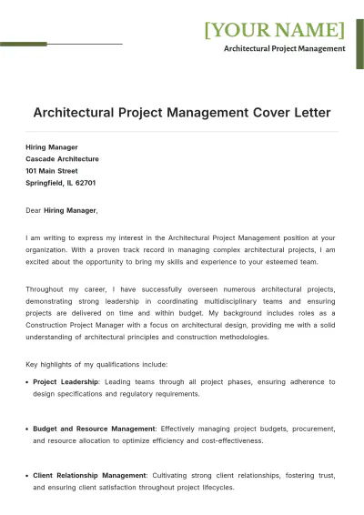 Free Architectural Project Management Cover Letter to Edit Online