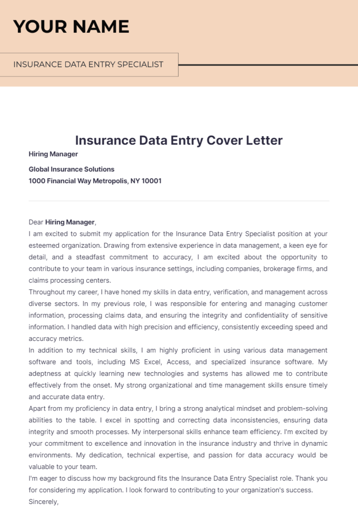 Insurance Data Entry Cover Letter - Edit Online & Download