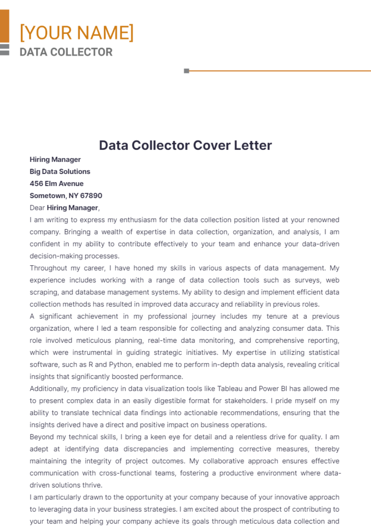 Data Collector Cover Letter - Edit Online & Download