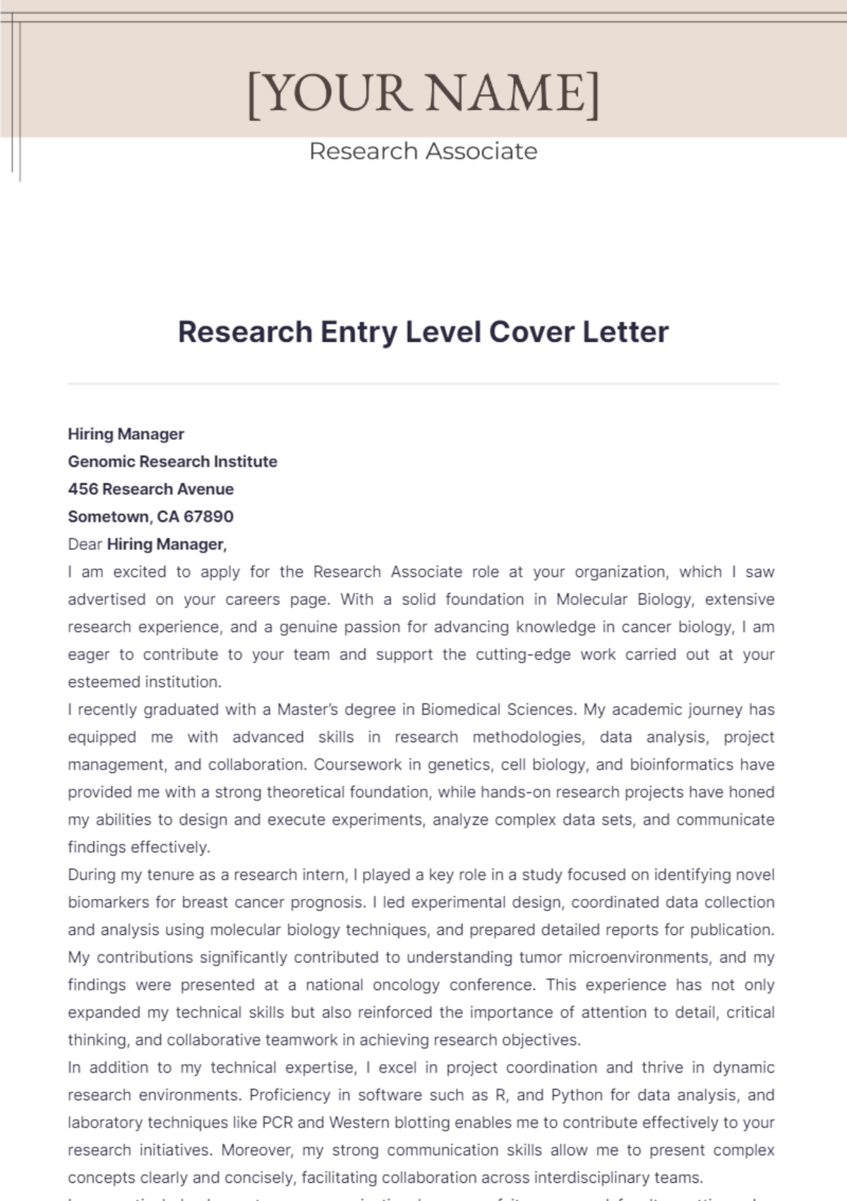 Research Entry Level Cover Letter - Edit Online & Download