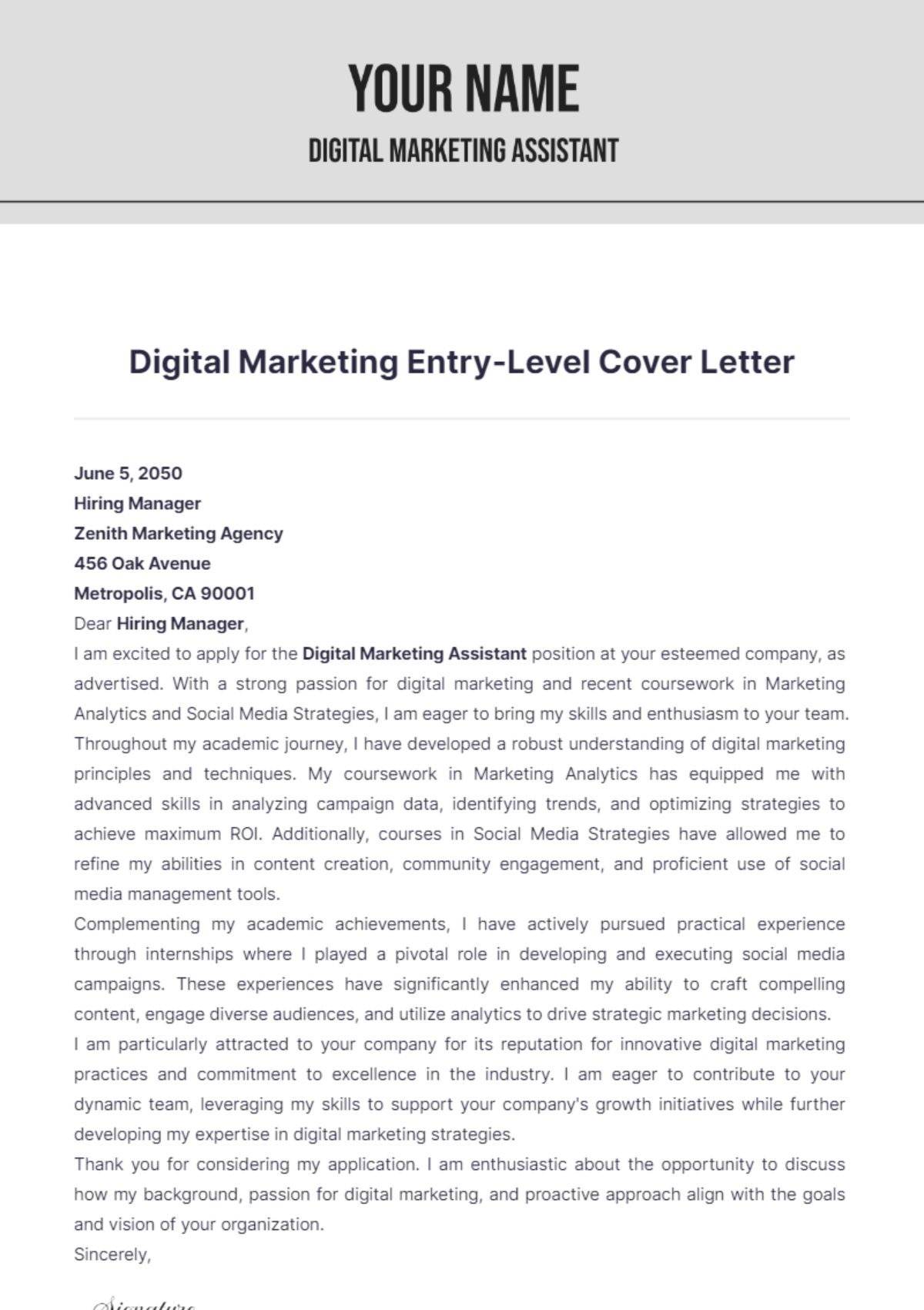 Digital Marketing Entry Level Cover Letter