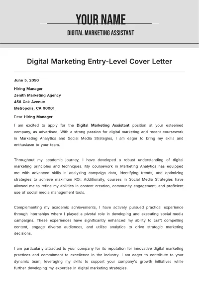Free Digital Marketing Entry Level Cover Letter to Edit Online