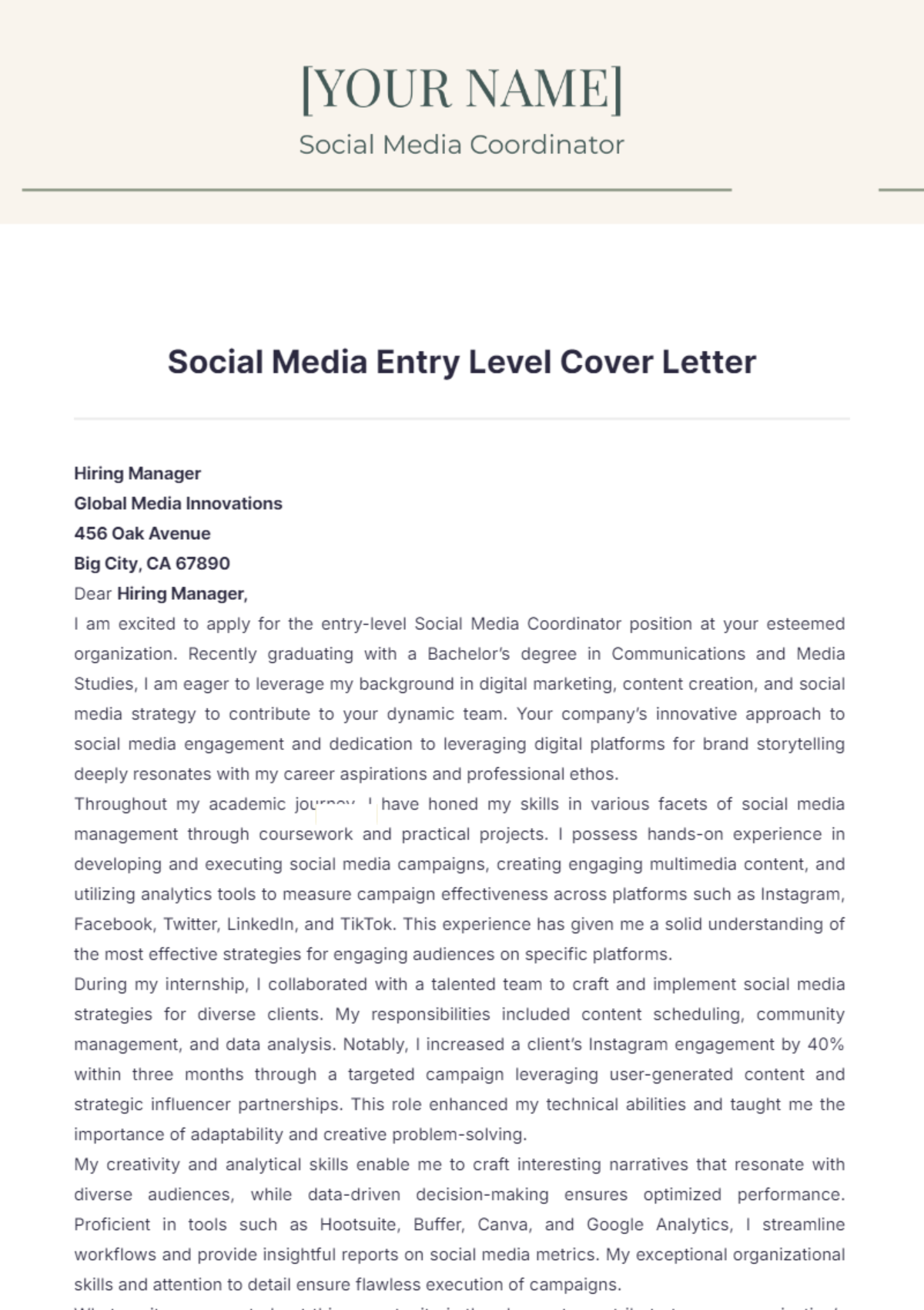 Social Media Entry Level Cover Letter - Edit Online & Download