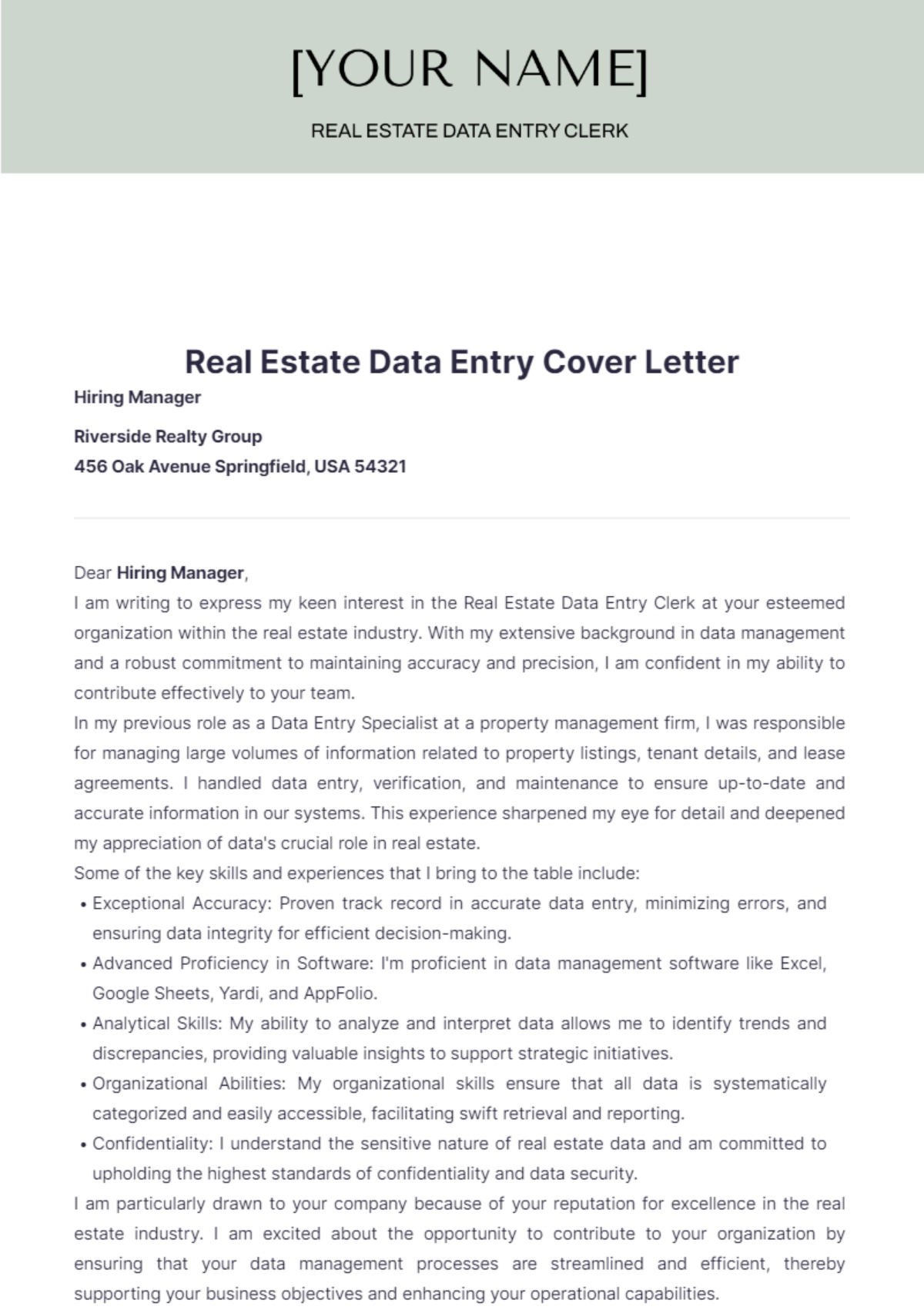 Real Estate Data Entry Cover Letter - Edit Online & Download