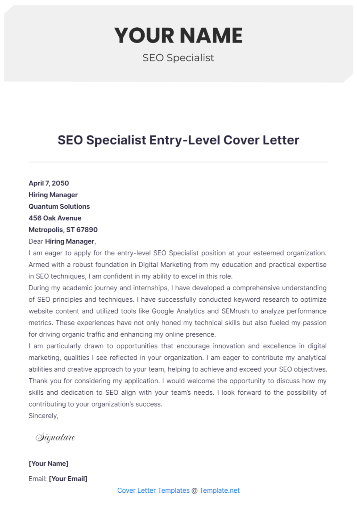 SEO Specialist Entry Level Cover Letter