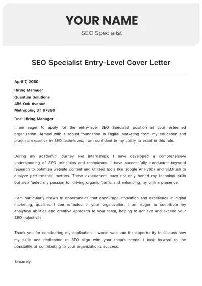 Free SEO Specialist Entry Level Cover Letter to Edit Online