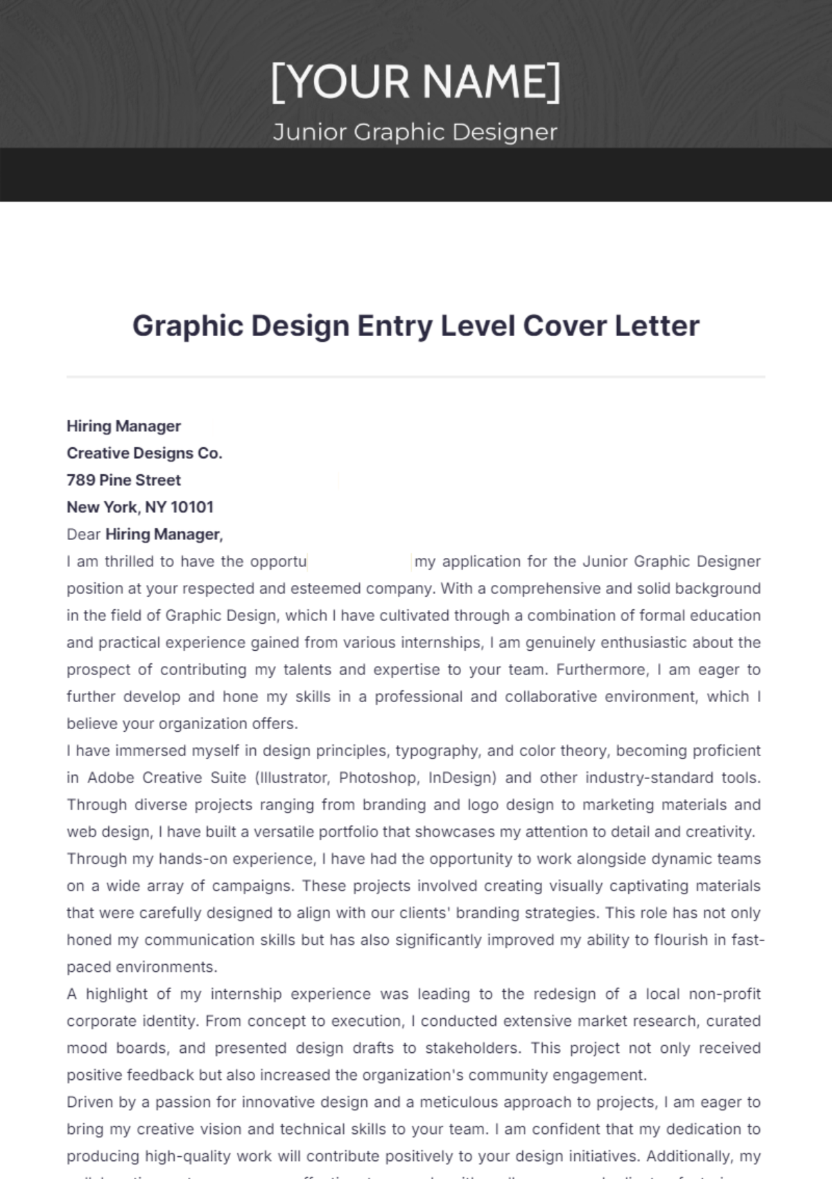 Graphic Design Entry Level Cover Letter - Edit Online & Download