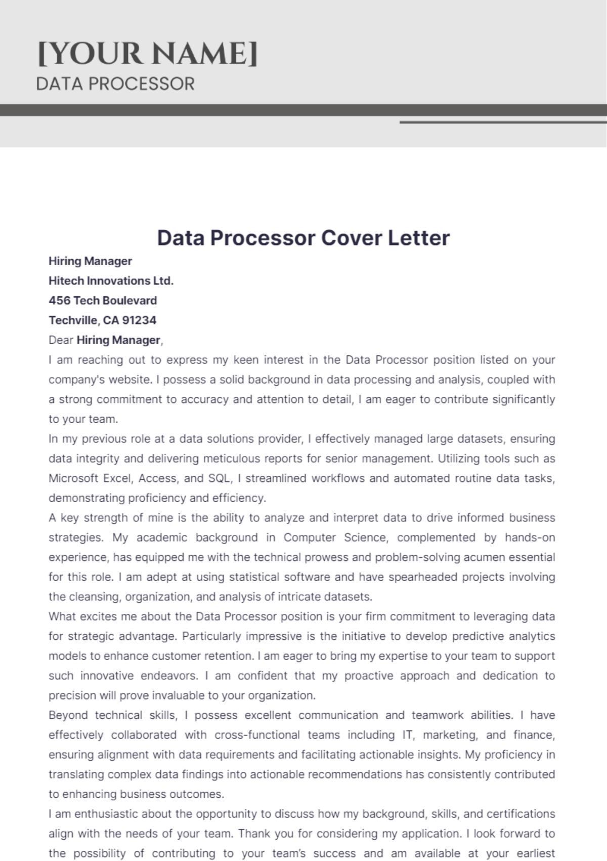 Data Processor Cover Letter