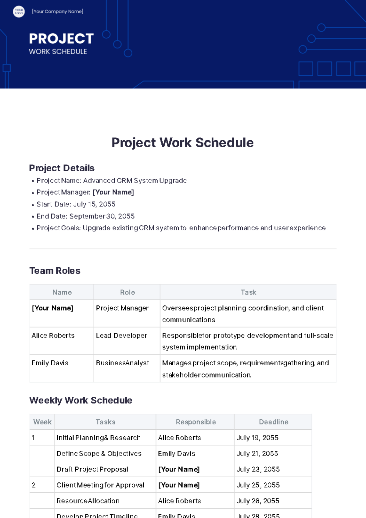 Project Work Schedule Template - Edit Online & Download