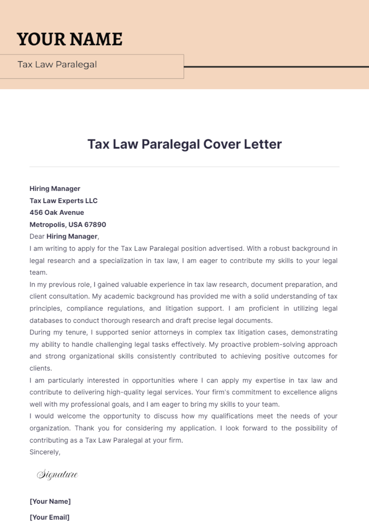 Tax Law Paralegal Cover Letter