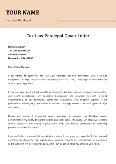 Free Tax Law Paralegal Cover Letter to Edit Online