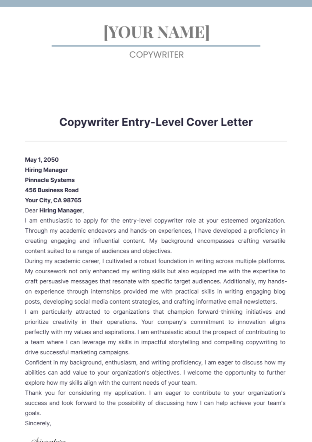 Copywriter Entry Level Cover Letter