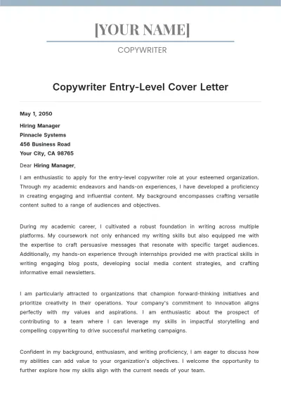 Free Copywriter Entry Level Cover Letter to Edit Online
