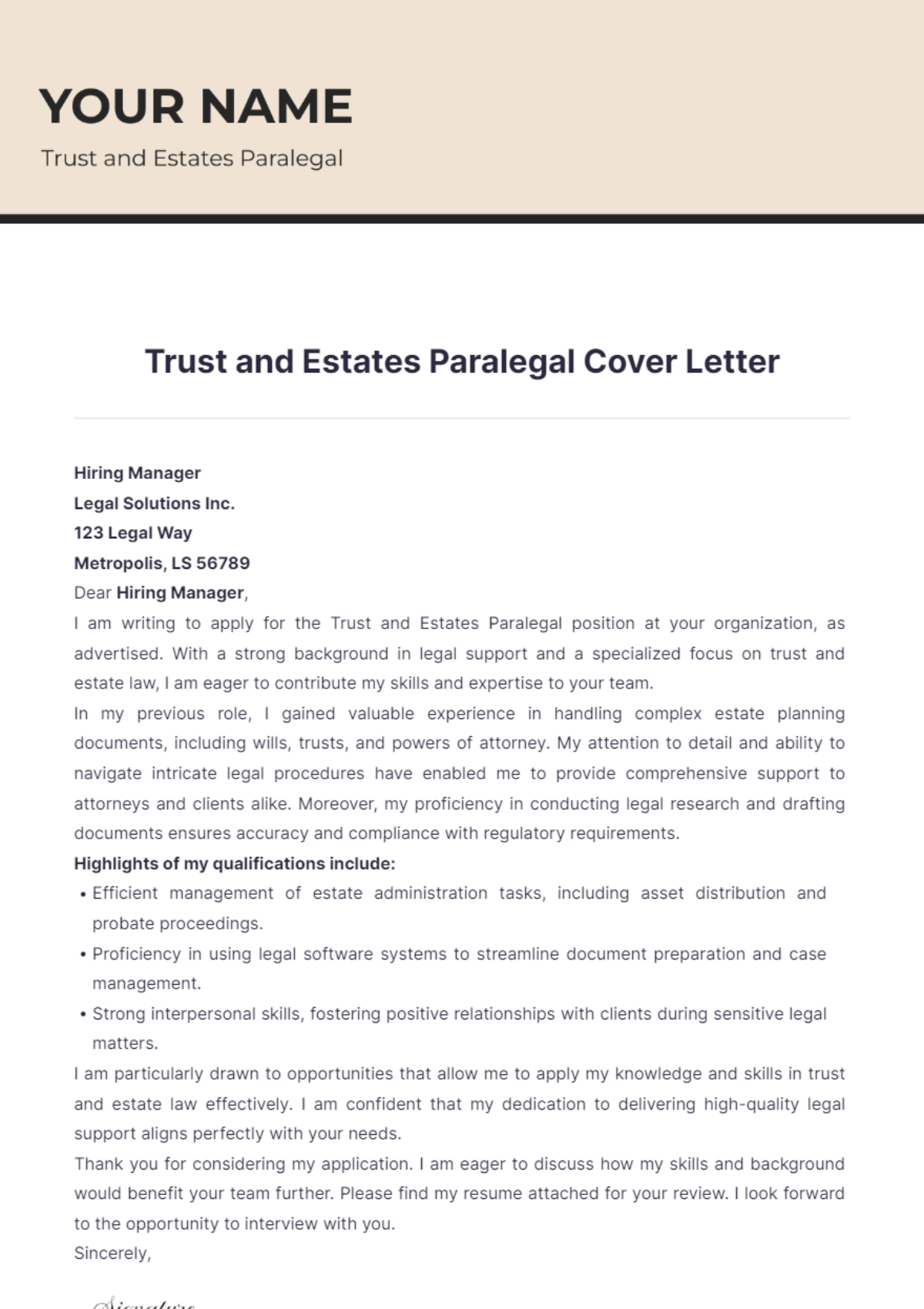 Trust and Estates Paralegal Cover Letter