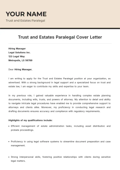 Free Trust and Estates Paralegal Cover Letter to Edit Online