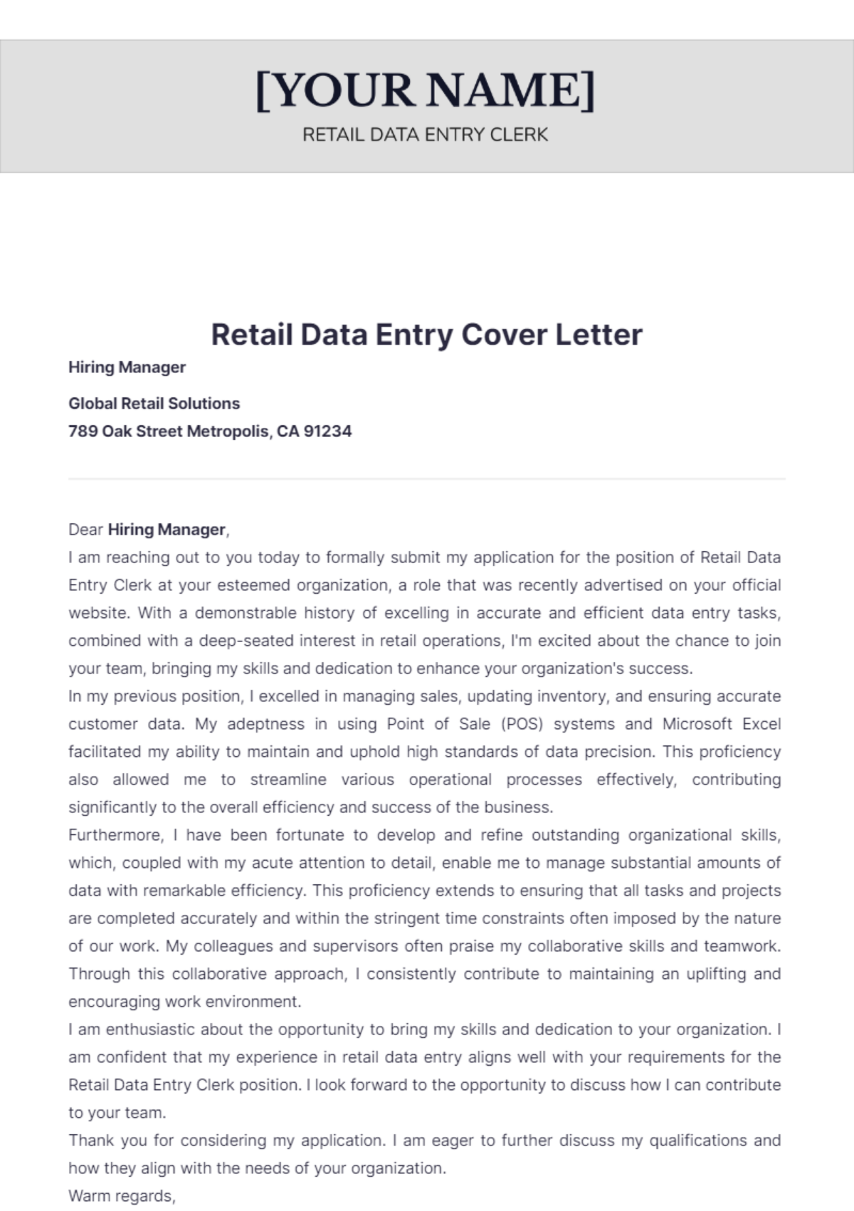 Retail Data Entry Cover Letter